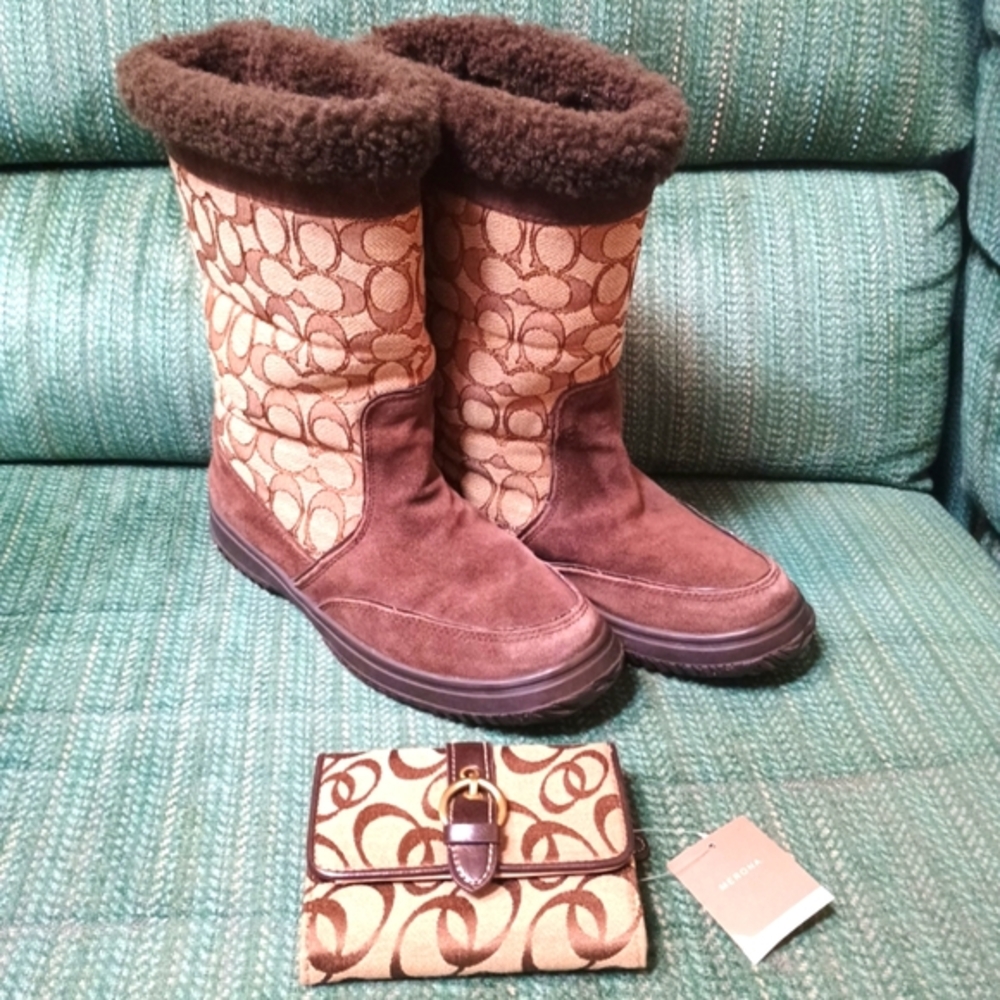 COACH Sherman Signature C Brown Suede  Boots Sz 6B & NWT Merona Wallet